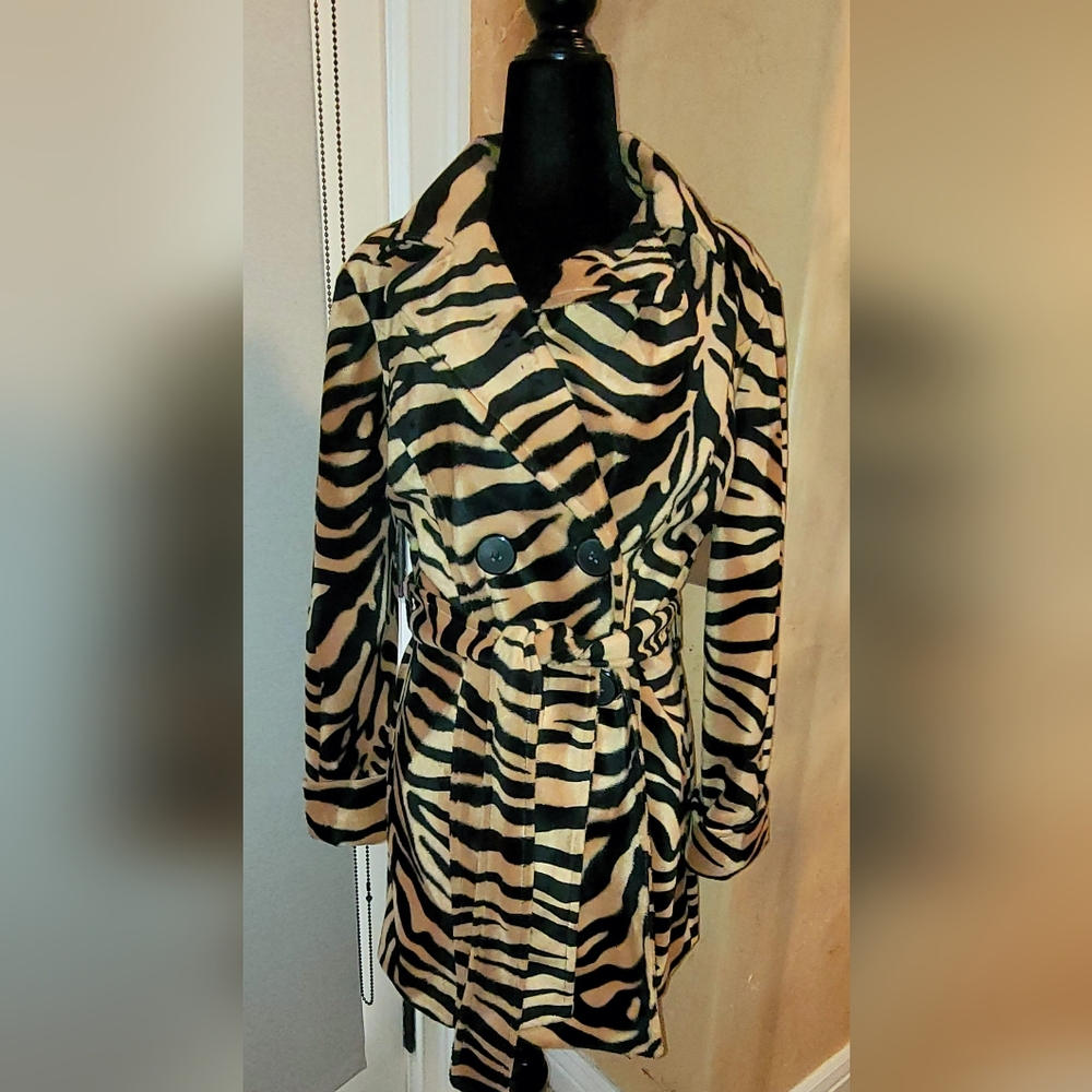 Vibrant Tiger Striped Velvet Velour Fabric  Animal Print Short Trench Coat Large